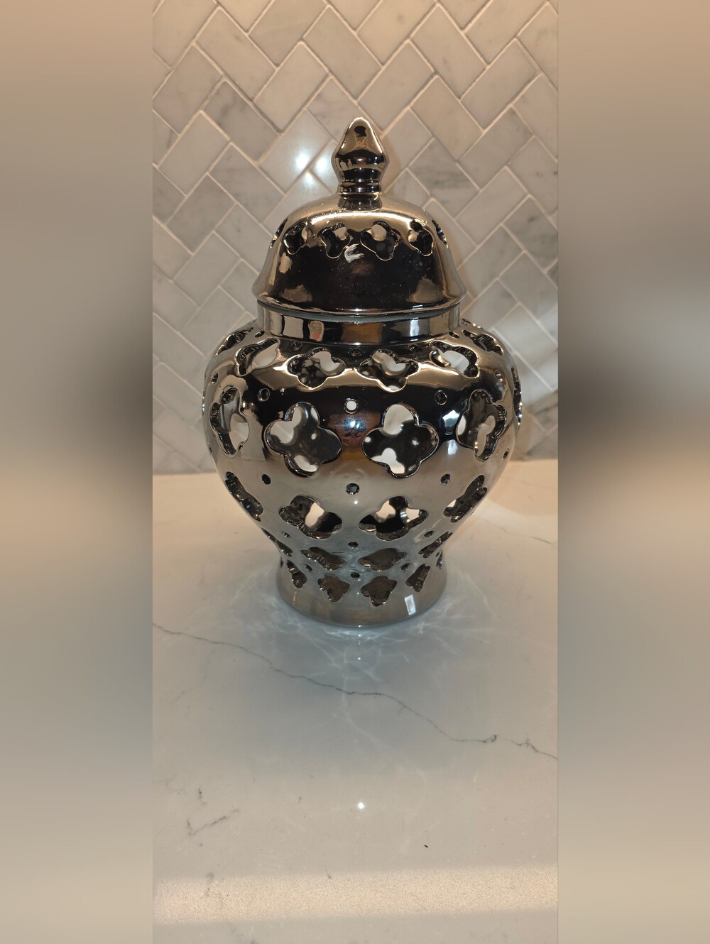 Charlton Home Pottstown Metallic Silver Cutout Quatrefoil Lidded Decorative Jar